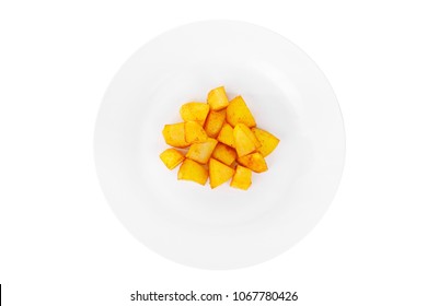 Potatoes diced fried, baked with spices, side dish on a plate on white isolated background view from above. Appetizing dish for the menu restaurant, bar, cafe