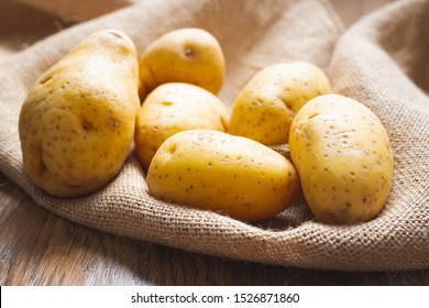 Potatoes. Fresh, organic Yukon Gold potato close up on a wooden kitchen table in morning light - Powered by Shutterstock