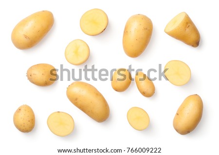 Potatoes isolated on white background. Flat lay. Top view