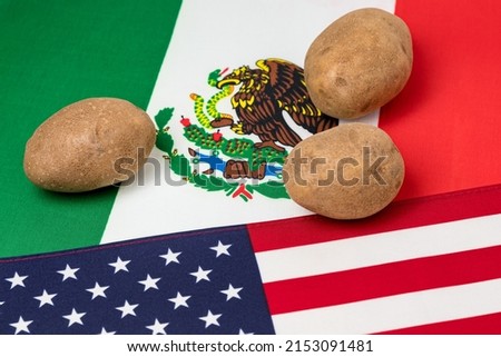 Potatoes with United States of America and Mexico flags. Potato farming trade, imports and exports concept.