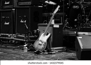 Potchefstroom, North West Province, 01312013 Karen Zoid live on rock stage at Rag show fender guitar in black and white