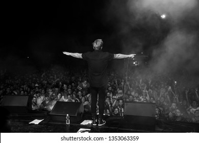 Potchefstroom, Nortwest, South Africa - 01 31 2019 Live Stage Performance At A Rock Show Concert Singer Looking At Audience Arms Out Franscois Van Coke