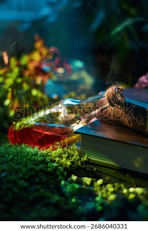potion bottle filled with red liquid tilts beside a worn, ancient book on a bed of green moss. Soft light glimmers through surrounding plants, creating a magical atmosphere.