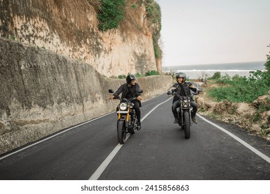 potrait of asian men enjoying riding motorcycle, leisure activity concept