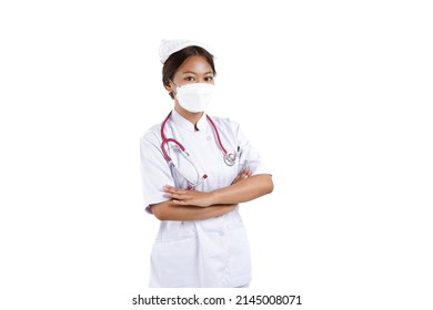 Potrait Of An Asian Nurse. She Is Wearing Mask. Isolated On White Background.