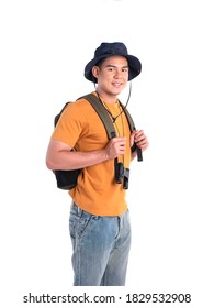 Potrait Of Asian Young Man Backpackers Ready To Travel On White Background.