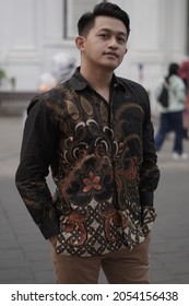 Potrait Indonesian Man Wearing Batik Javanese Traditional Clothes