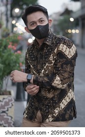 Potrait Indonesian Man Wearing Batik Javanese Traditional Clothes