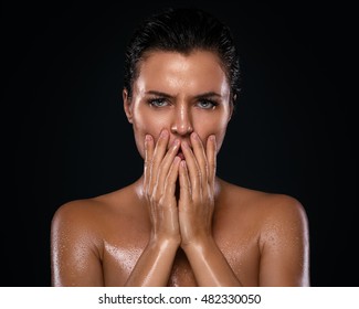 Potrait Of Young Beautiful Woman With Oily And Wet Skin