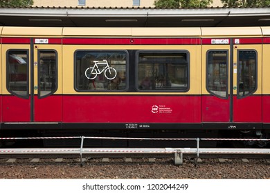 Potsdam, Berlin, Germany: 18th August 2018: S Bahn Train Bicycle Storage Sign