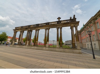 Potsdam, Germany - August, 2019: Wide view of urban architecture with columns