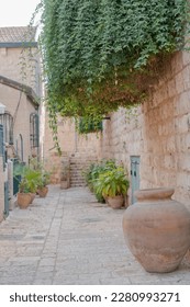 Potted plants on the streets near old house in Yemin Moshe district, Jerusalem, Israel