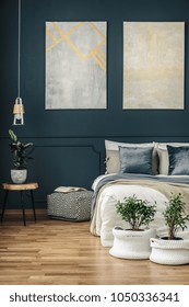 Potted Plants In Yarn Baskets In Front Of A Cozy Bed In A Dark, Navy Blue Bedroom Interior With Modern Art And Wooden Panels