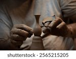 A Potter Crafting a Small Vessel on a Pottery Wheel . Pottery Wheel .Traditional Iranian pottery