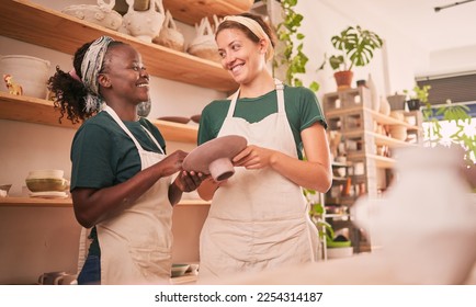 Pottery business and happy women in workshop together with excited smile for creative process and development. Happiness, collaboration and skill of interracial artist team in workspace. - Powered by Shutterstock