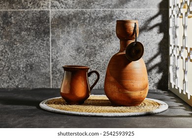 pottery ceramic sake bottle and matching cup set, perfect for traditional Japanese dining and minimalist home decor near window - Powered by Shutterstock