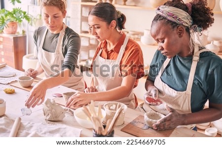 Pottery class, ceramic workshop or group design sculpture mold, clay manufacturing or art product. Diversity people, retail sales store or startup small business owner, artist or studio women molding