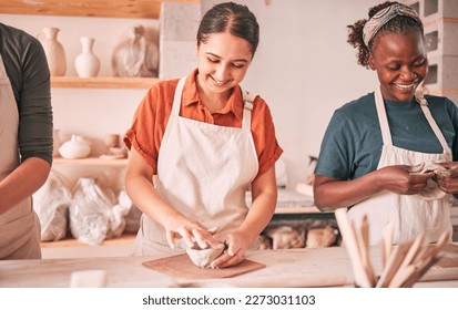 Pottery class, group workshop or happy people design sculpture mold, clay manufacturing or art product. Diversity, ceramic retail store or startup small business owner, artist or studio women molding - Powered by Shutterstock
