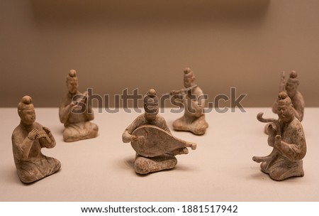 Pottery Musician Ensemble, on Beijing, CHINA.  Ancient Chinese Tang Dynasty(618-907 AD), Unearthed at Xi'an, Shaanxi Province, 1955.