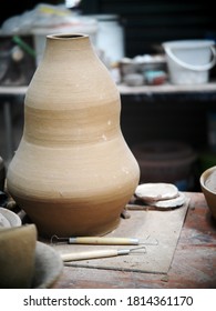 Pottery On Work, Plaster Mould For Ceramic Slip Casting And Others Production Process In A Demonstration Factory Workshop Of An Industrial Design School 