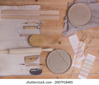 Pottery Working With Clay Pottery Tools On Light Background Top View