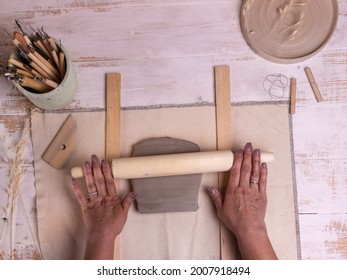 Pottery Working With Clay Pottery Tools On Light Background Top View