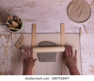 Pottery Working With Clay Pottery Tools On Light Background Top View