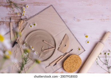 Pottery Working With Clay Pottery Tools On Light Background Top View