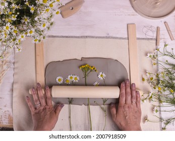 Pottery Working With Clay Pottery Tools On Light Background Top View