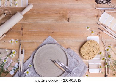 Pottery Working With Clay Pottery Tools On Light Background Top View