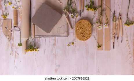 Pottery Working With Clay Pottery Tools On Light Background Top View