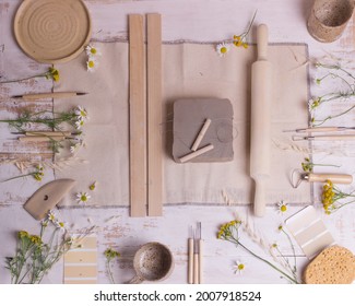 Pottery Working With Clay Pottery Tools On Light Background Top View