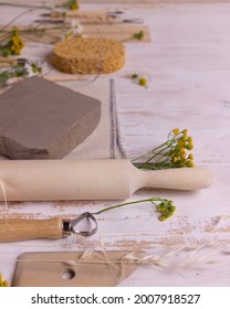 Pottery Working With Clay Pottery Tools On Light Background Top View