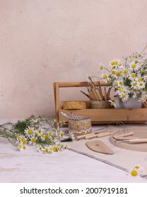 Pottery Working With Clay Pottery Tools On A Light Background 