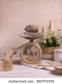 Pottery Working With Clay Pottery Tools On A Light Background 