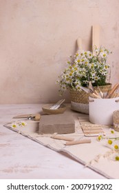 Pottery Working With Clay Pottery Tools On A Light Background 