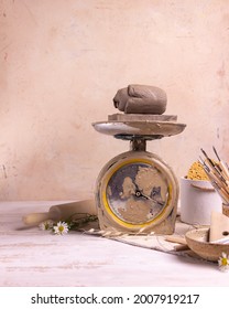 Pottery Working With Clay Pottery Tools On A Light Background 