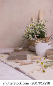 Pottery Working With Clay Pottery Tools On A Light Background 