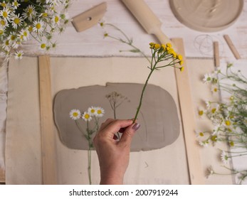 Pottery Working With Clay Pottery Tools On A Light Background 