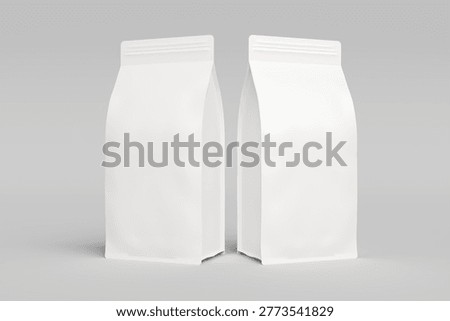 Pouch mockup template showcasing two plain white stand up bags perfect for branding design Isolated object for promoting various product packaging solutions