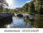 The Poudre River in early summer.  Flowing stream with sun flare in foreground and green leafy hillside under a blue sky.  Sun flare reflecting on water.