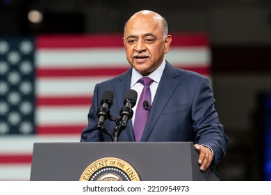 Poughkeepsie, NY - October 6, 2022: IBM Chairman And CEO Arvind Krishnal Speaks Before President Joe Biden Jr. Delivers Remarks At IBM Facility