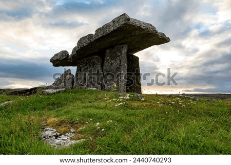 Poulnabrone dolmen, an ancient limestone dolmen or portal tomb in the Burren National Park, County Clare, Ireland