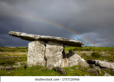 Poulnabrone Dolmen, Clare, Ireland, With Rainbow Sky