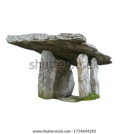 Poulnabrone dolmen isolated on white background. It is large dolmen or portal tomb located in the Burren, County Clare, Ireland. 