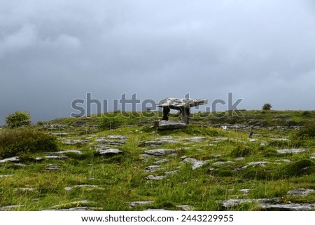 The Poulnabrone Dolmen is a portal tomb in the Burren, County Clare, Ireland