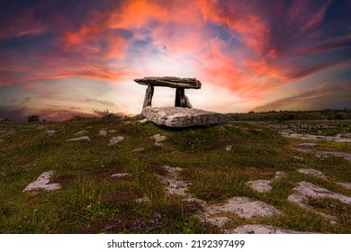 The Poulnabrone Dolmen.Situated on the high Burren limestone plateau, Poulnabrone Dolmen is one of Ireland’s most iconic archaeological monuments and is the second most visited location in the Burren.