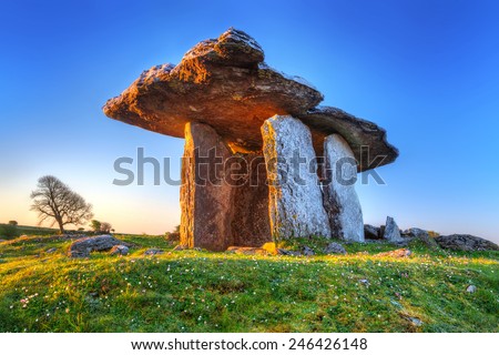 Poulnabrone portal tomb in Burren at sunrise, Ireland