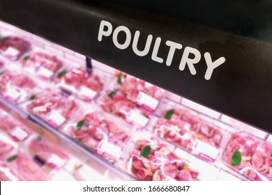 Poultry Signage At The Meat Perishable Produce Section Of Supermarket With Defocused Background