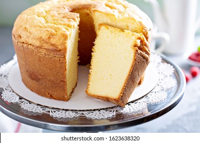 Pound Cake Or Angel Food Cake Sliced On A Cake Stand